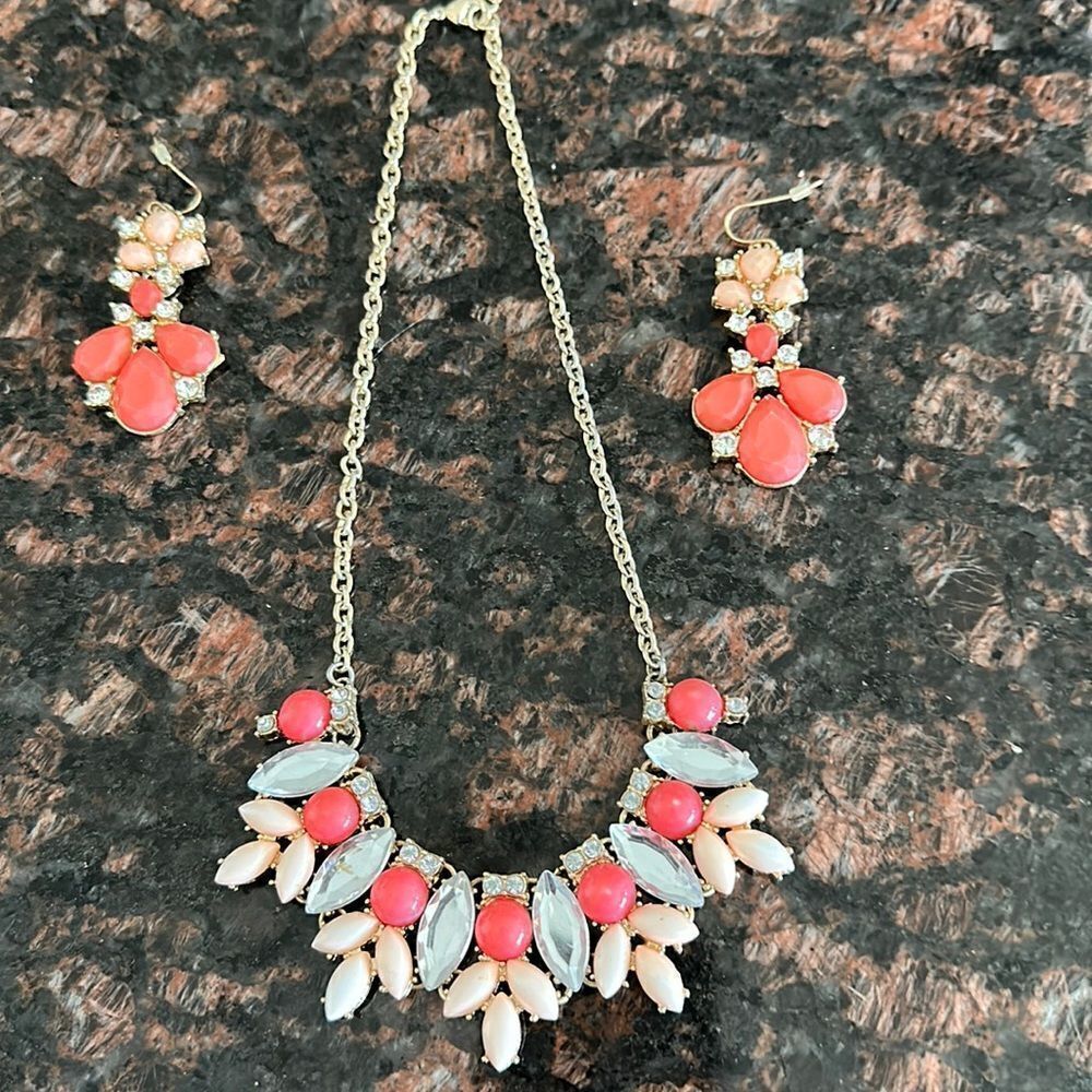 Coral Statement Necklace & Pierced Earring Set